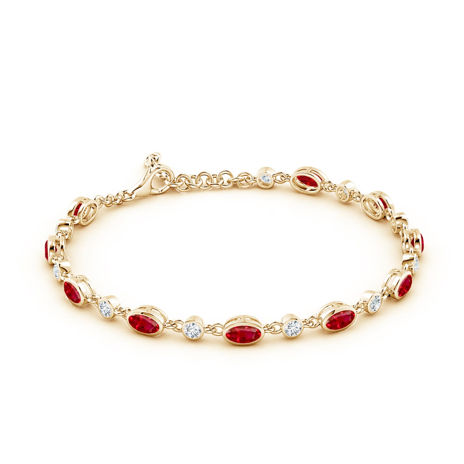 5x3mm AAA Alternating Oval Ruby and Round Diamond Tennis Bracelet in 18K Yellow Gold