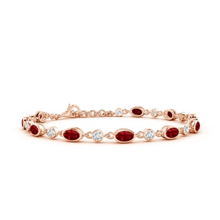 5x3mm AAAA Alternating Oval Ruby and Round Diamond Tennis Bracelet in 10K Rose Gold