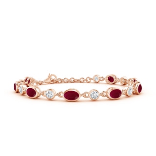 6x4mm A Alternating Oval Ruby and Round Diamond Tennis Bracelet in 18K Rose Gold