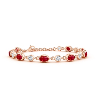 6x4mm AAA Alternating Oval Ruby and Round Diamond Tennis Bracelet in 18K Rose Gold