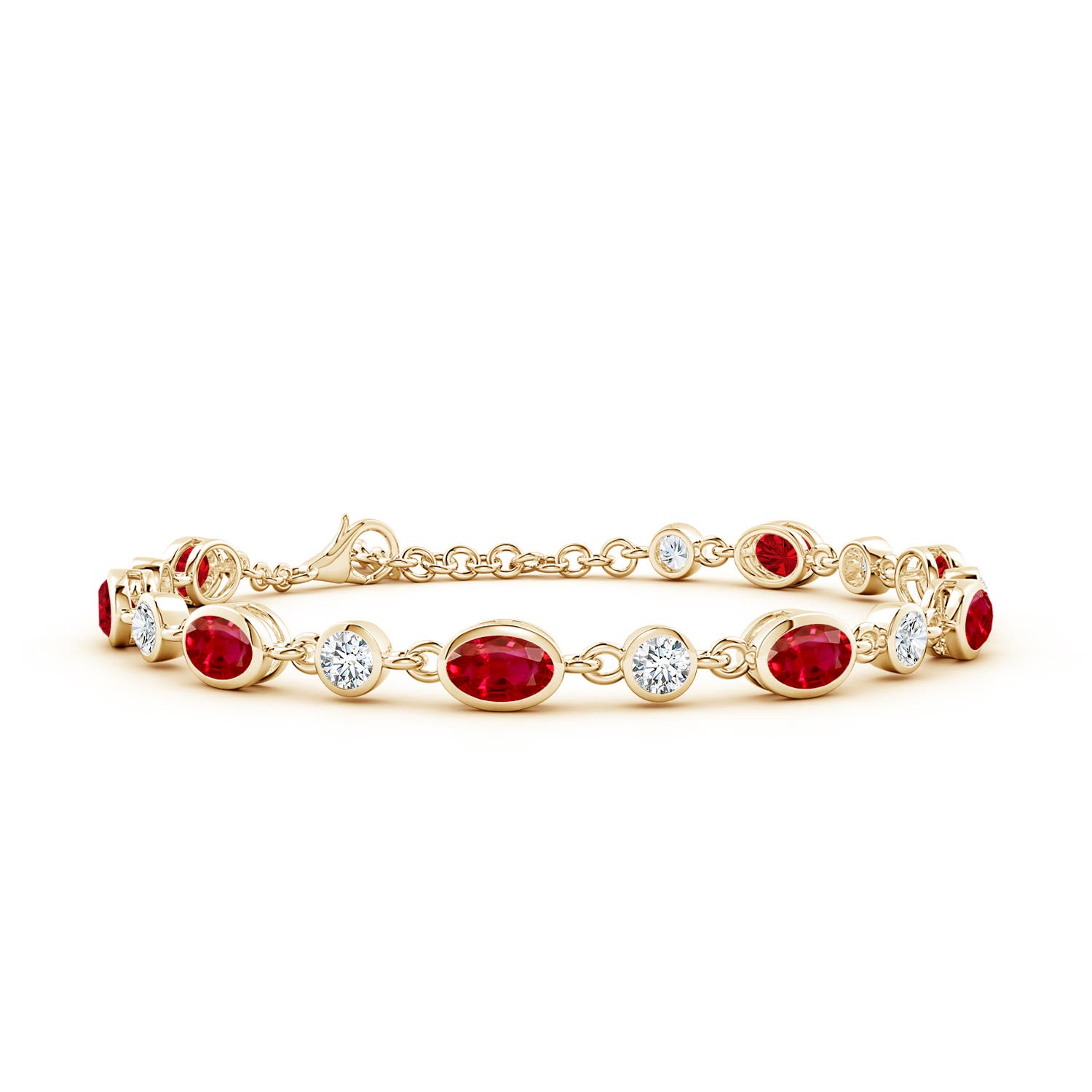 6x4mm AAA Alternating Oval Ruby and Round Diamond Tennis Bracelet in Yellow Gold