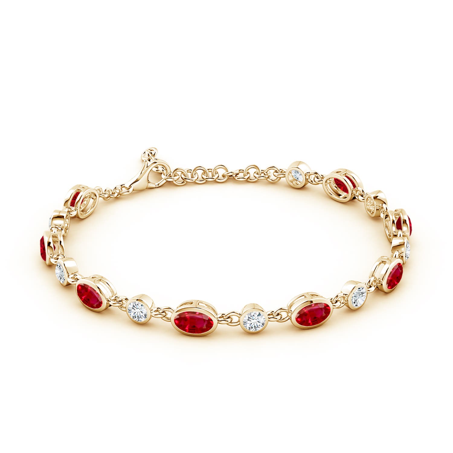 6x4mm AAA Alternating Oval Ruby and Round Diamond Tennis Bracelet in Yellow Gold