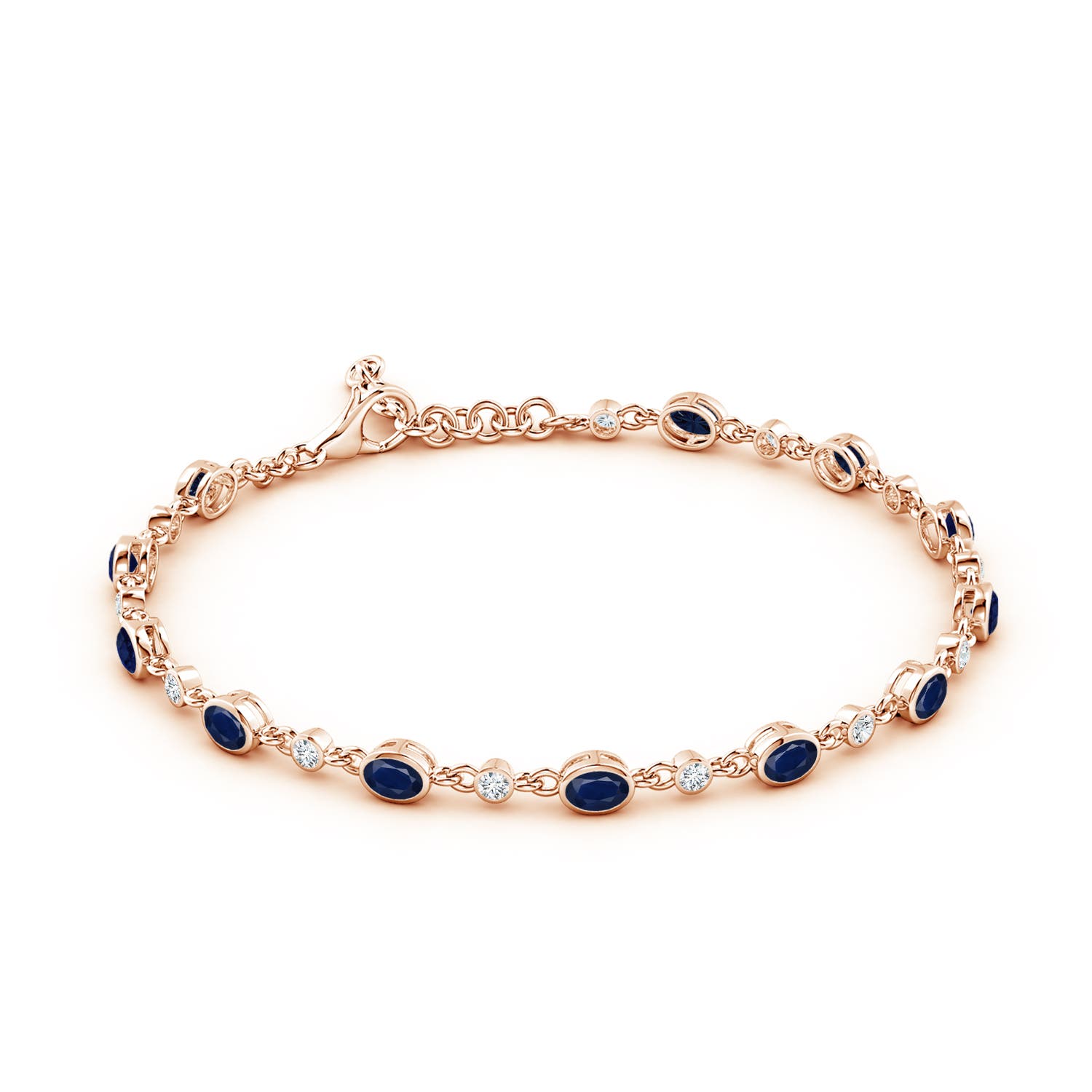 4x3mm A Alternating Oval Blue Sapphire and Round Diamond Tennis Bracelet in 18K Rose Gold