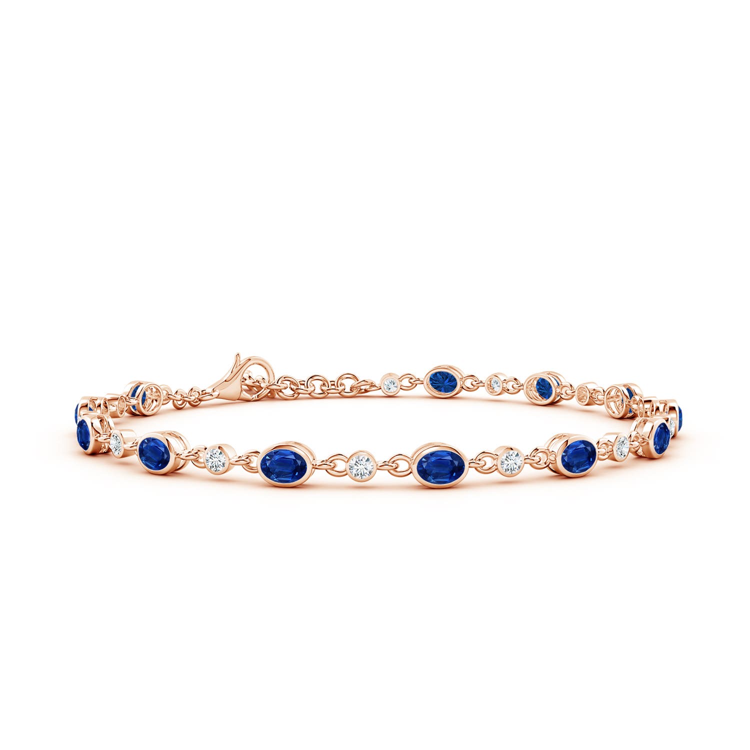 4x3mm AAA Alternating Oval Blue Sapphire and Round Diamond Tennis Bracelet in 18CT Rose Gold