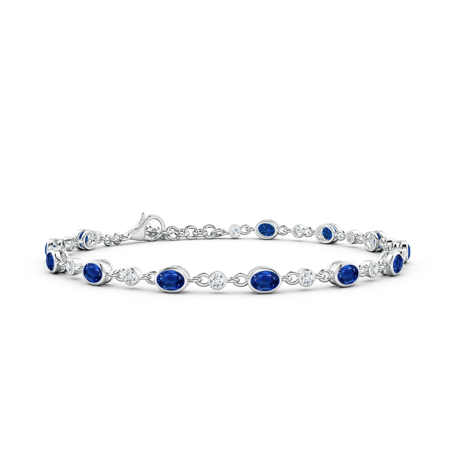4x3mm AAA Alternating Oval Blue Sapphire and Round Diamond Tennis Bracelet in 18K White Gold