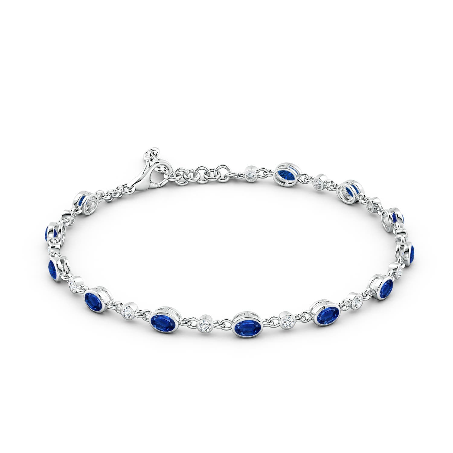 4x3mm AAA Alternating Oval Blue Sapphire and Round Diamond Tennis Bracelet in 18K White Gold