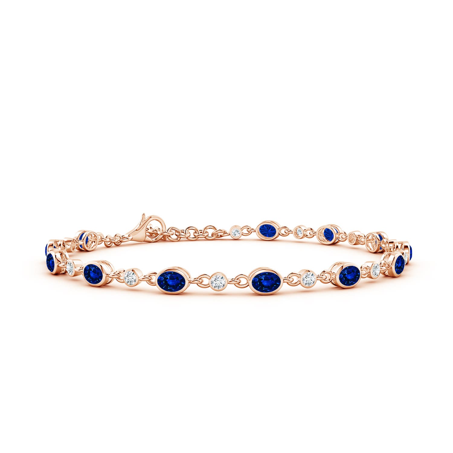 4x3mm AAAA Alternating Oval Blue Sapphire and Round Diamond Tennis Bracelet in 18K Rose Gold