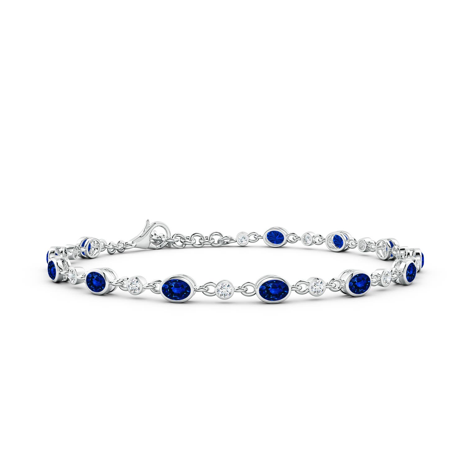 4x3mm AAAA Alternating Oval Blue Sapphire and Round Diamond Tennis Bracelet in 18K White Gold