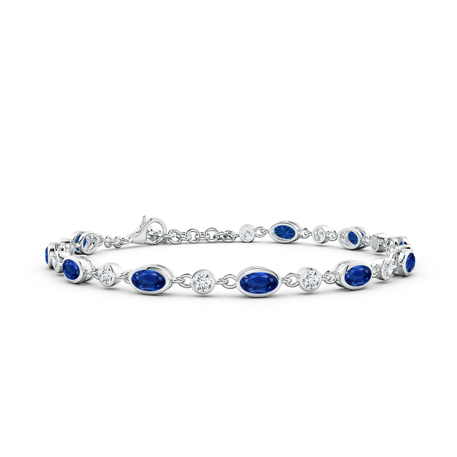 5x3mm AAA Alternating Oval Blue Sapphire and Round Diamond Tennis Bracelet in 18CT White Gold