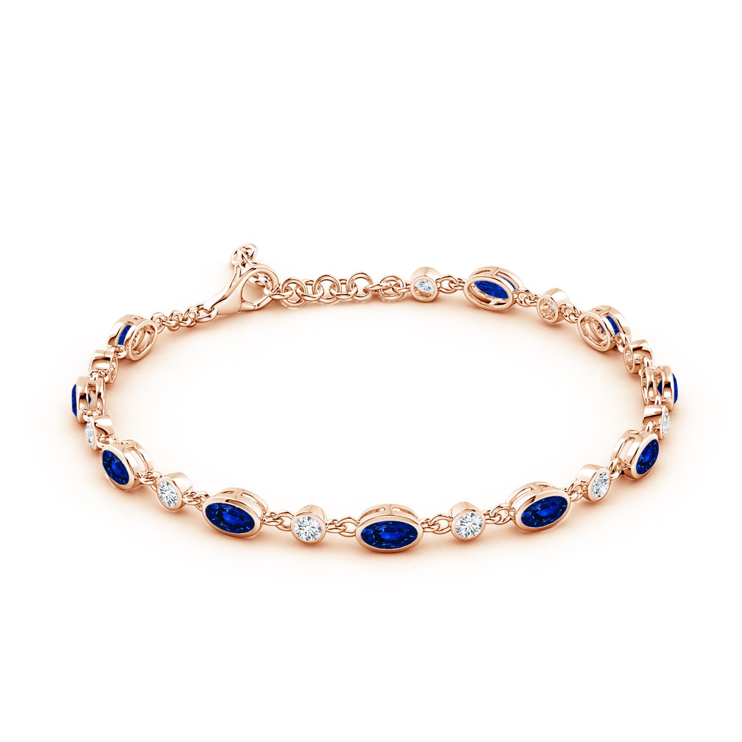 5x3mm AAAA Alternating Oval Blue Sapphire and Round Diamond Tennis Bracelet in 18K Rose Gold