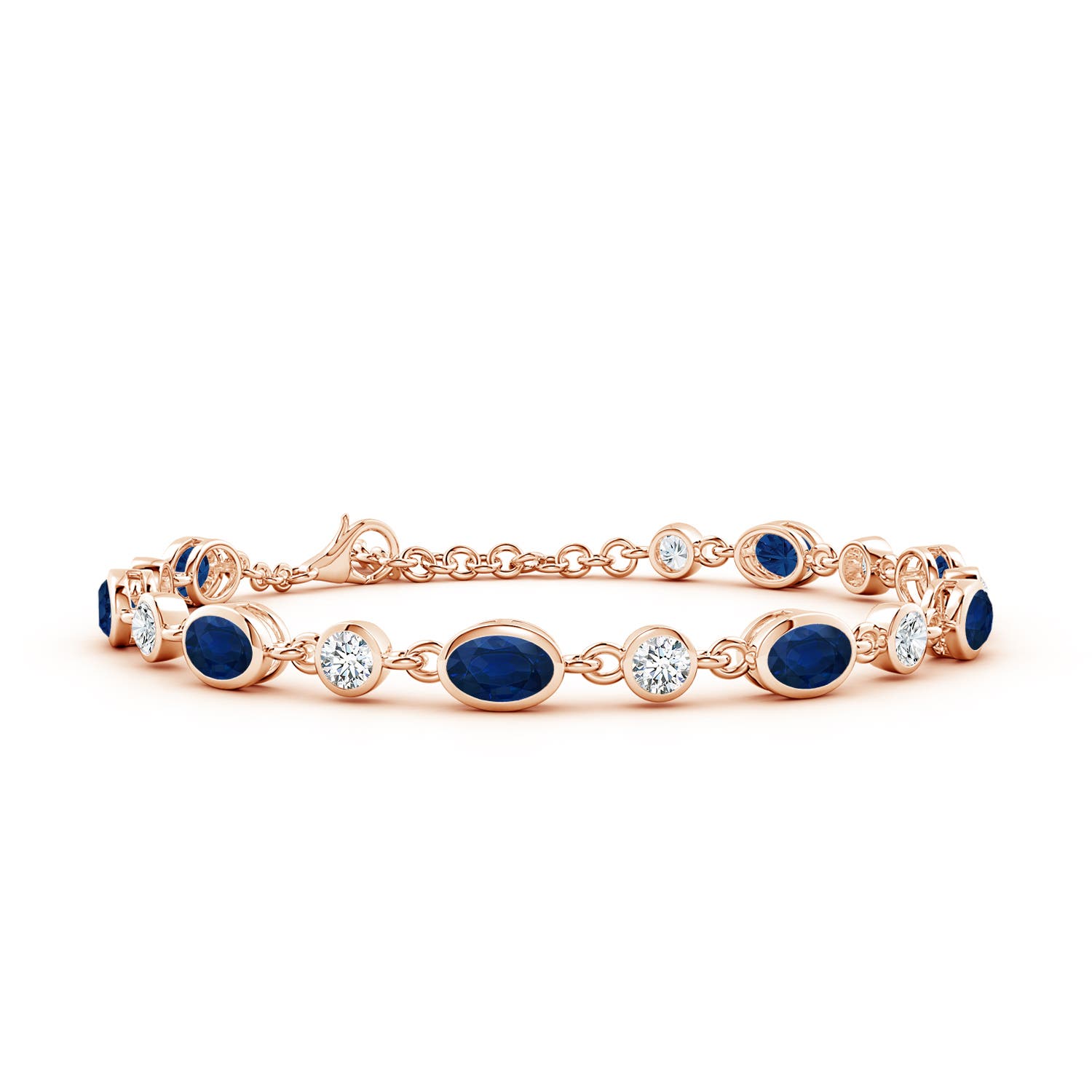 6x4mm AA Alternating Oval Blue Sapphire and Round Diamond Tennis Bracelet in 18CT Rose Gold