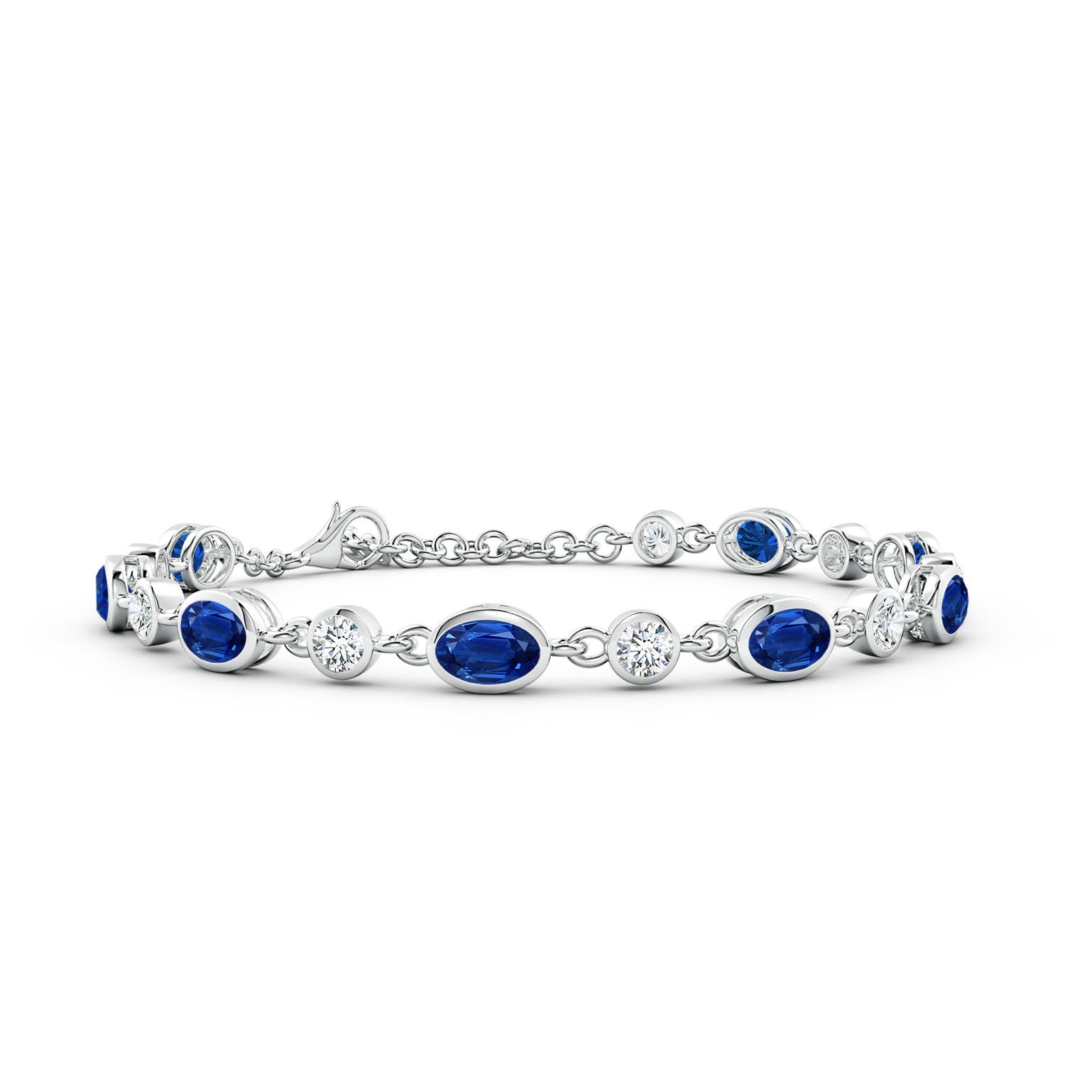 6x4mm AAA Alternating Oval Blue Sapphire and Round Diamond Tennis Bracelet in 18K White Gold