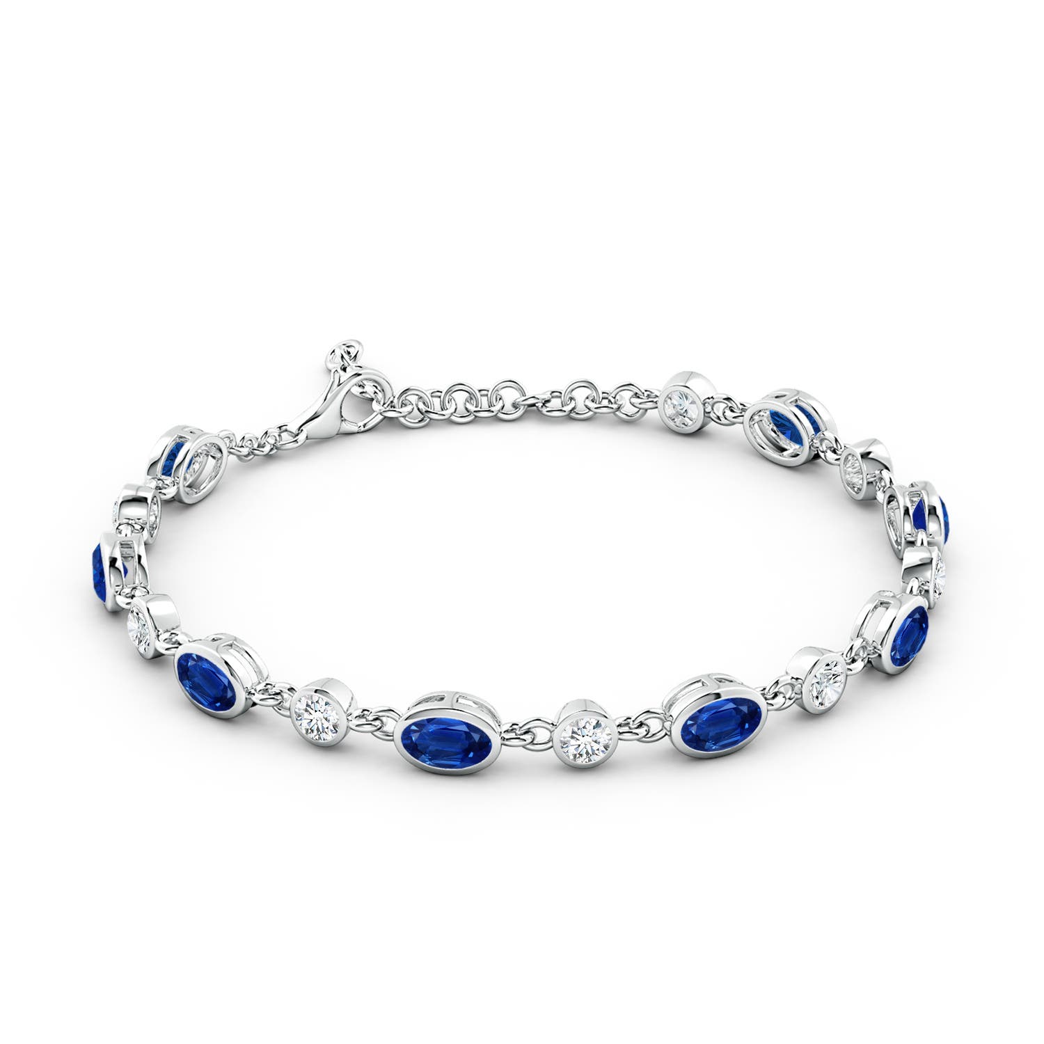 6x4mm AAA Alternating Oval Blue Sapphire and Round Diamond Tennis Bracelet in 18K White Gold