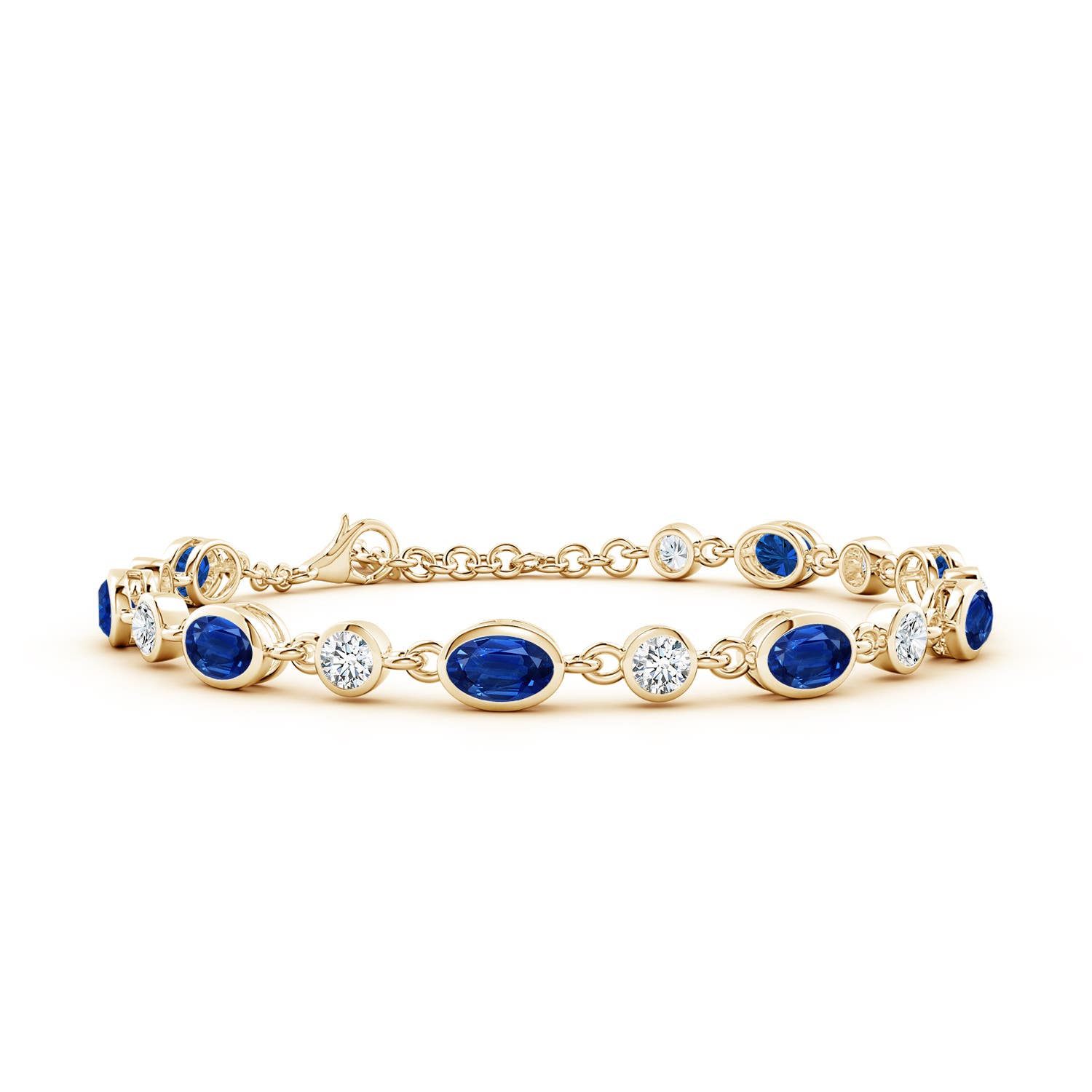 6x4mm AAA Alternating Oval Blue Sapphire and Round Diamond Tennis Bracelet in 18K Yellow Gold