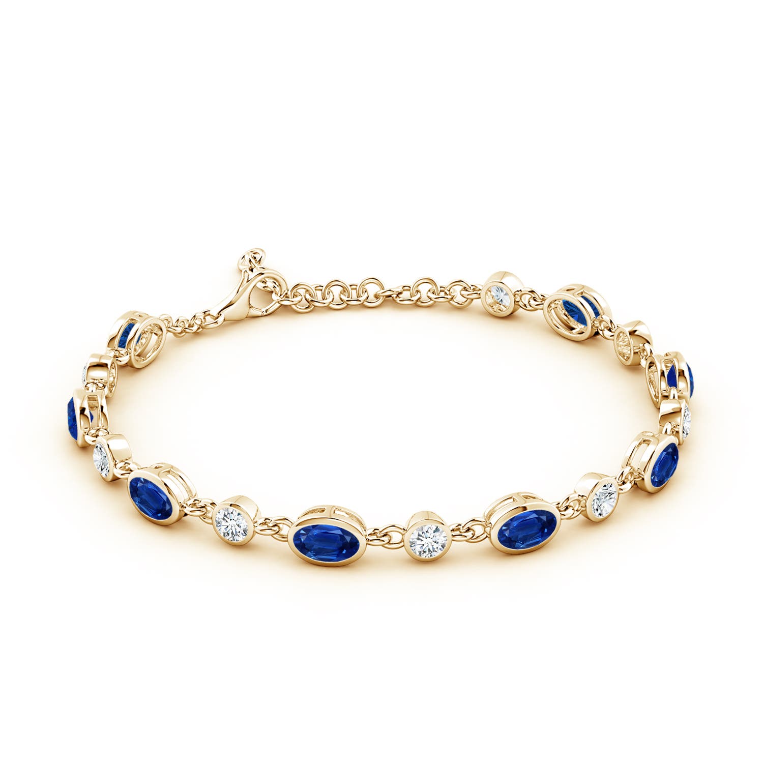 6x4mm AAA Alternating Oval Blue Sapphire and Round Diamond Tennis Bracelet in 18K Yellow Gold
