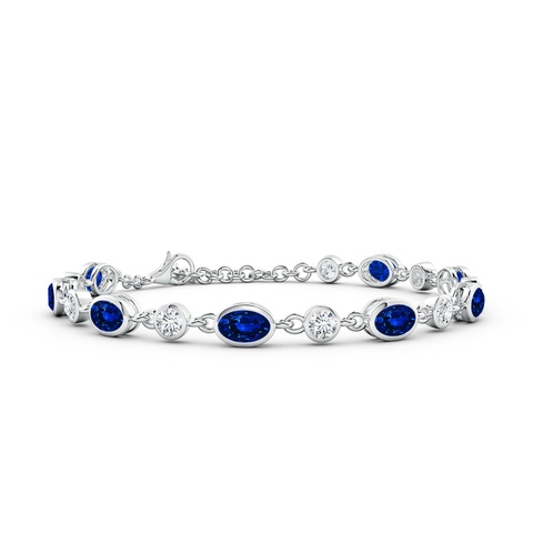 6x4mm AAAA Alternating Oval Blue Sapphire and Round Diamond Tennis Bracelet in 18K White Gold