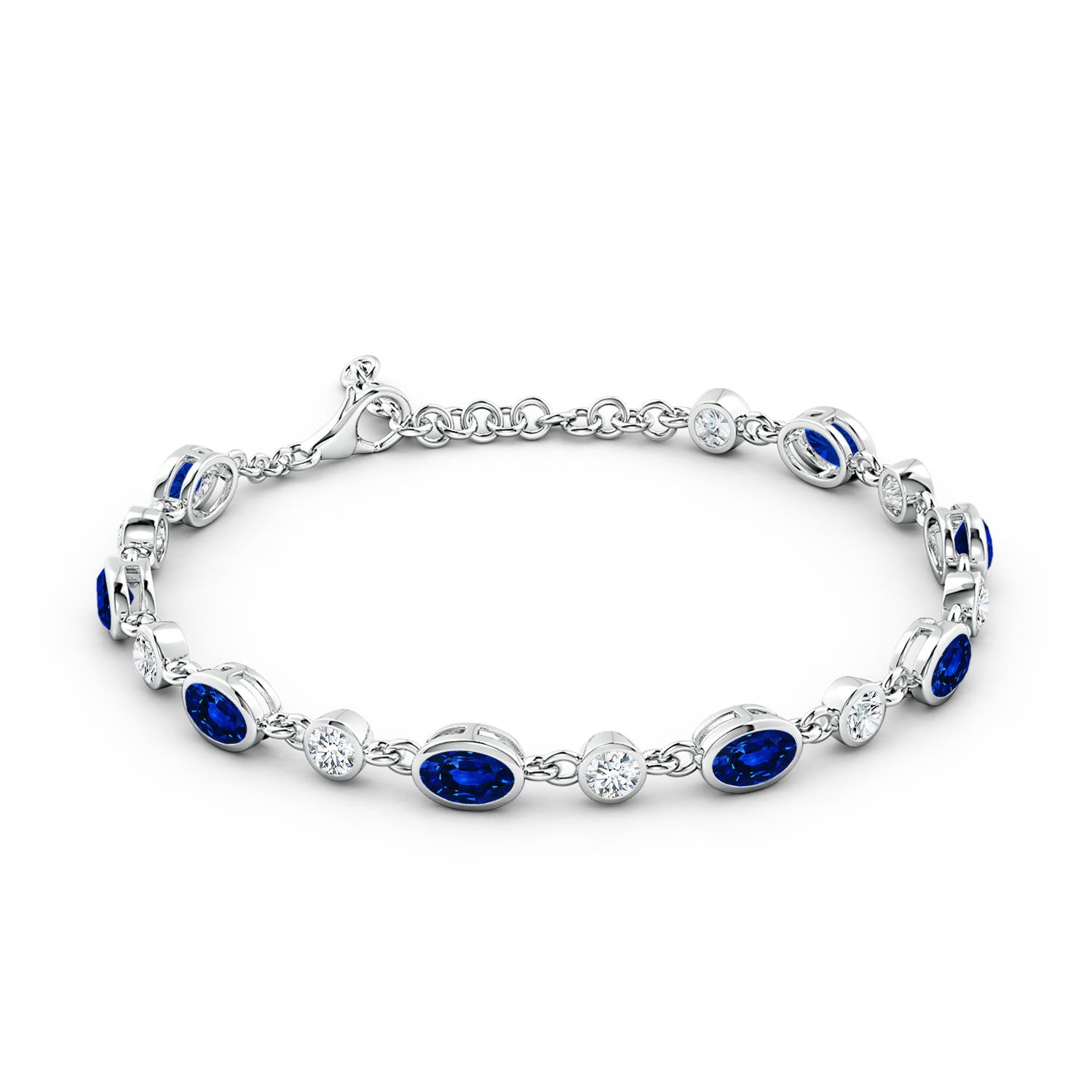6x4mm AAAA Alternating Oval Blue Sapphire and Round Diamond Tennis Bracelet in 18K White Gold - side 3