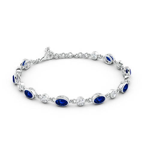 6x4mm AAAA Alternating Oval Blue Sapphire and Round Diamond Tennis Bracelet in 18K White Gold - side 4