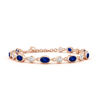 6x4mm AAAA Alternating Oval Blue Sapphire and Round Diamond Tennis Bracelet in 9K Rose Gold