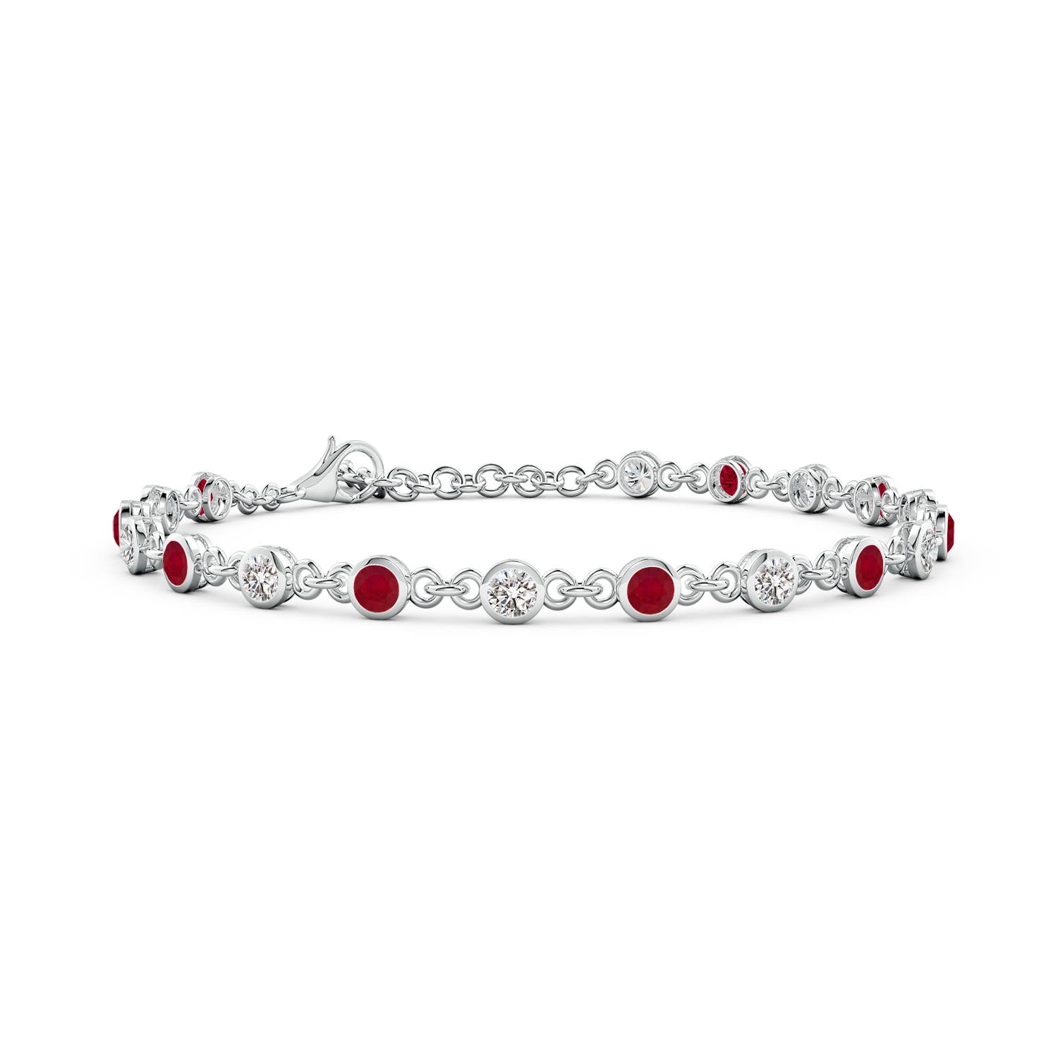 3mm AA Bezel-Set Round Ruby and Diamond Tennis Bracelet in White Gold