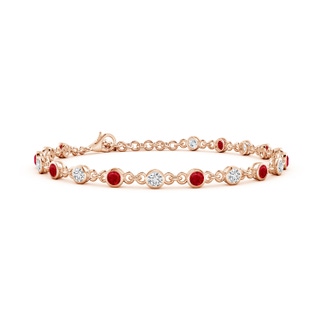 3mm AAA Bezel-Set Round Ruby and Diamond Tennis Bracelet in 18K Rose Gold