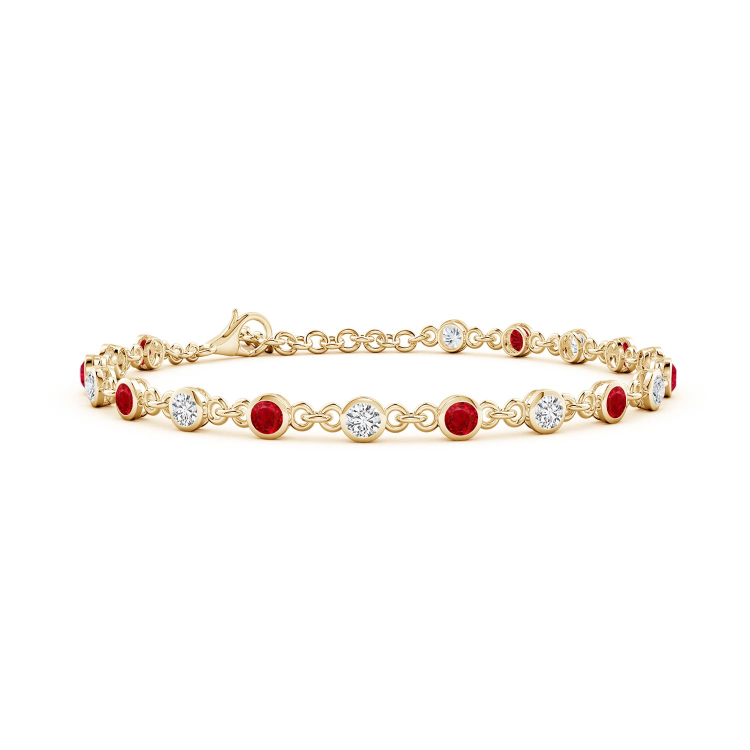 3mm AAA Bezel-Set Round Ruby and Diamond Tennis Bracelet in 18K Yellow Gold
