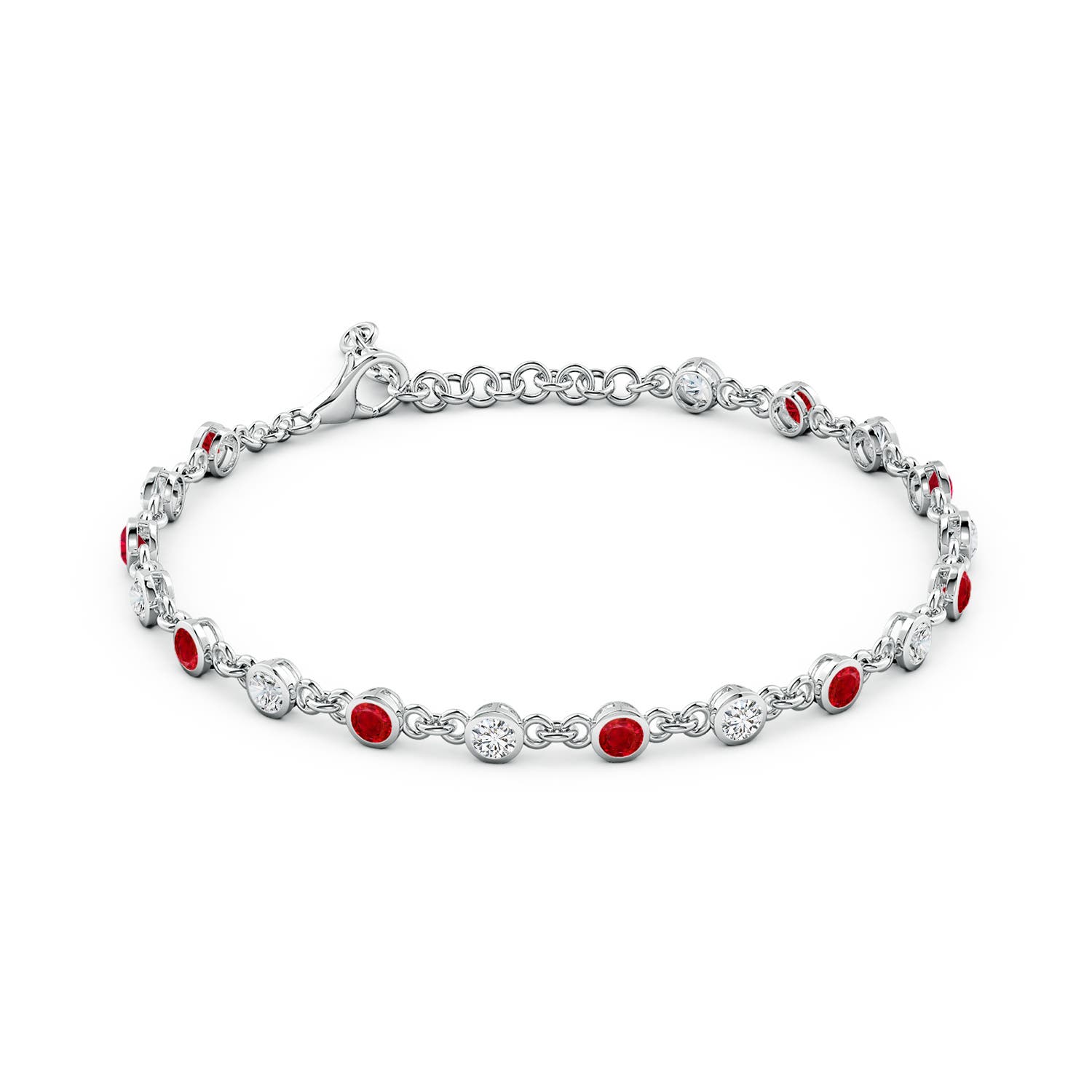 3mm AAA Bezel-Set Round Ruby and Diamond Tennis Bracelet in White Gold - side 2
