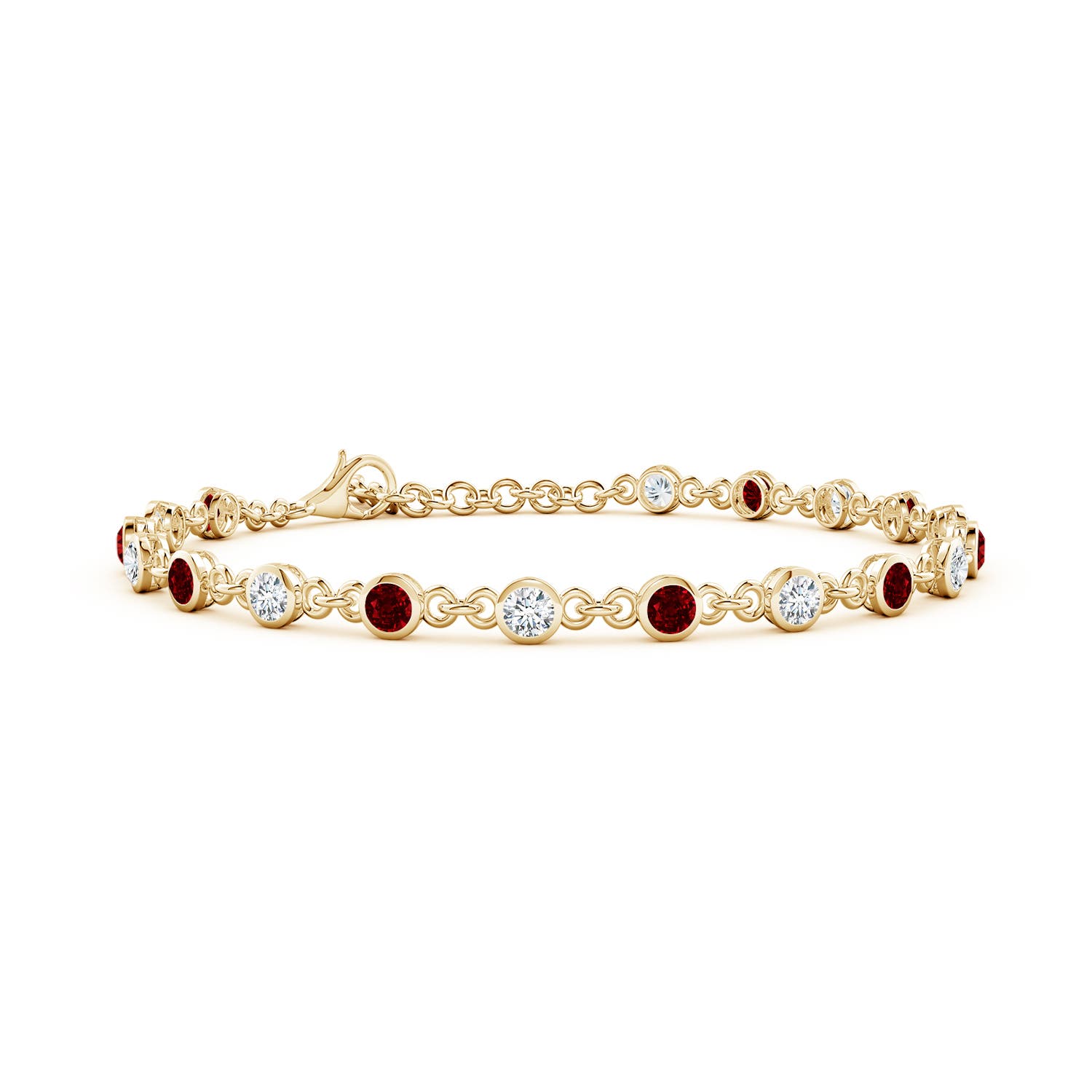 3mm AAAA Bezel-Set Round Ruby and Diamond Tennis Bracelet in Yellow Gold