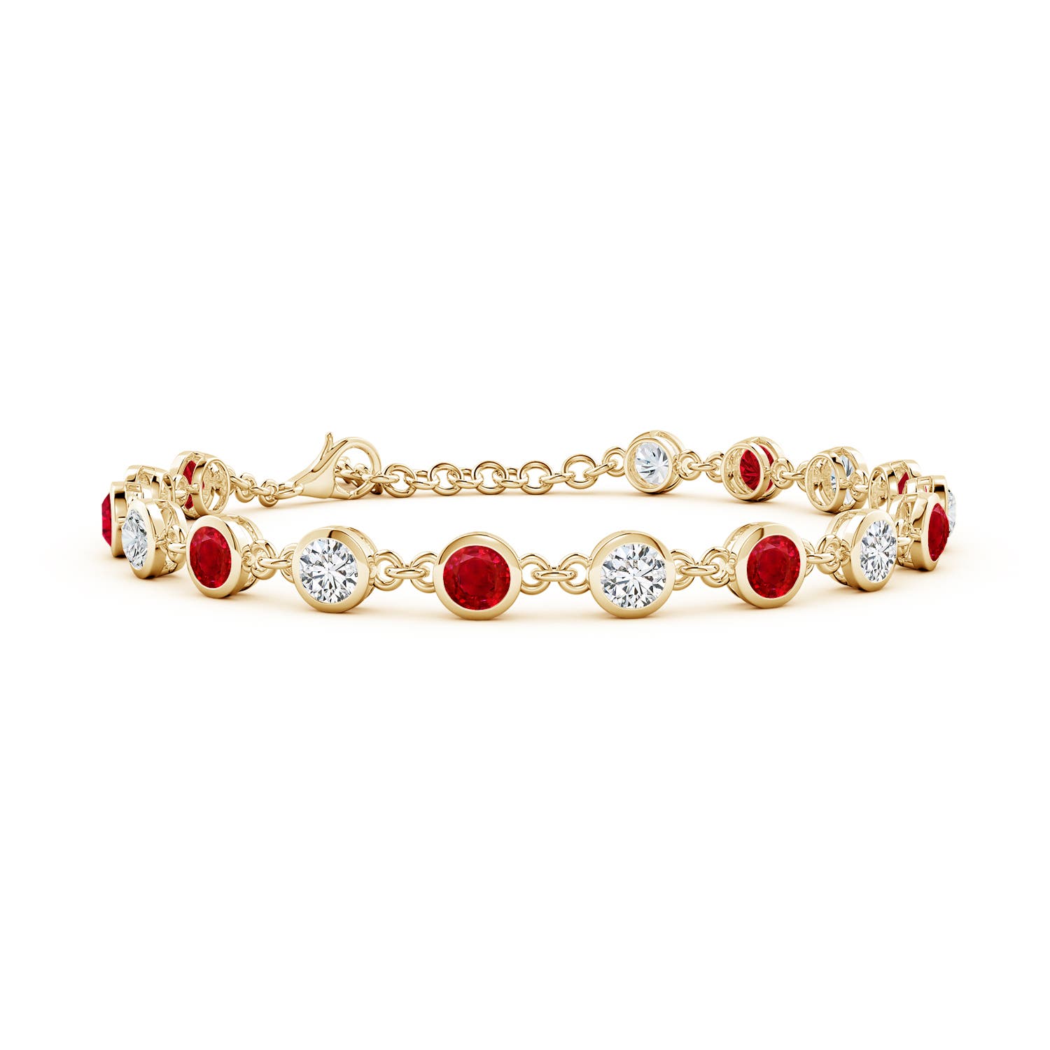 4mm AAA Bezel-Set Round Ruby and Diamond Tennis Bracelet in Yellow Gold