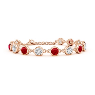 5mm AAA Bezel-Set Round Ruby and Diamond Tennis Bracelet in 18K Rose Gold