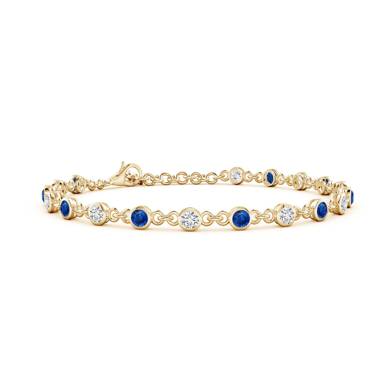 3mm AAA Bezel-Set Round Blue Sapphire and Diamond Tennis Bracelet in 18K Yellow Gold