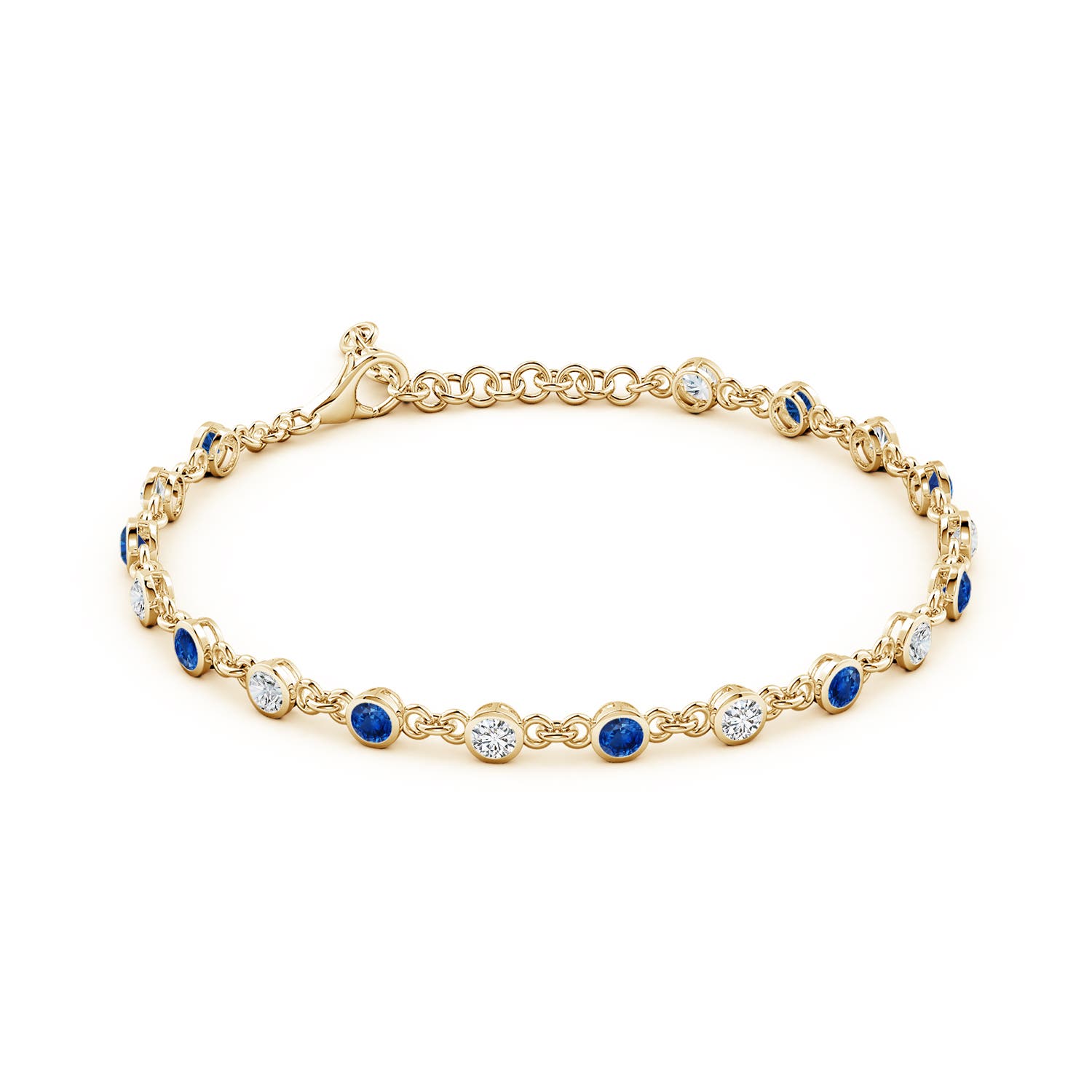 3mm AAA Bezel-Set Round Blue Sapphire and Diamond Tennis Bracelet in 18K Yellow Gold