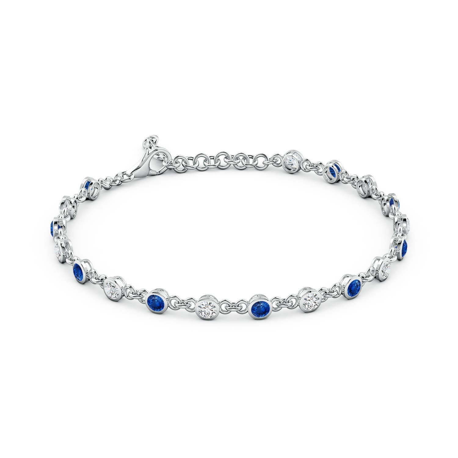 3mm AAA Bezel-Set Round Blue Sapphire and Diamond Tennis Bracelet in White Gold - side 2