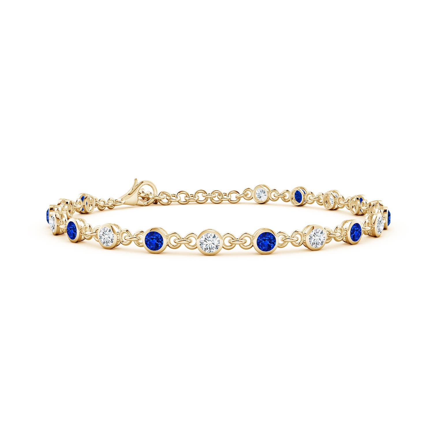 3mm AAAA Bezel-Set Round Blue Sapphire and Diamond Tennis Bracelet in 18K Yellow Gold