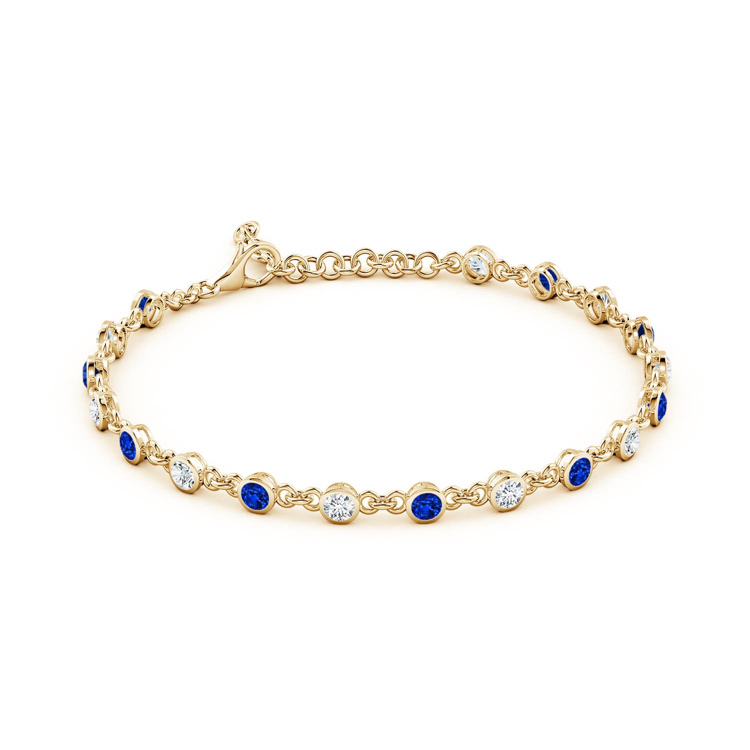 3mm AAAA Bezel-Set Round Blue Sapphire and Diamond Tennis Bracelet in Yellow Gold - side 3