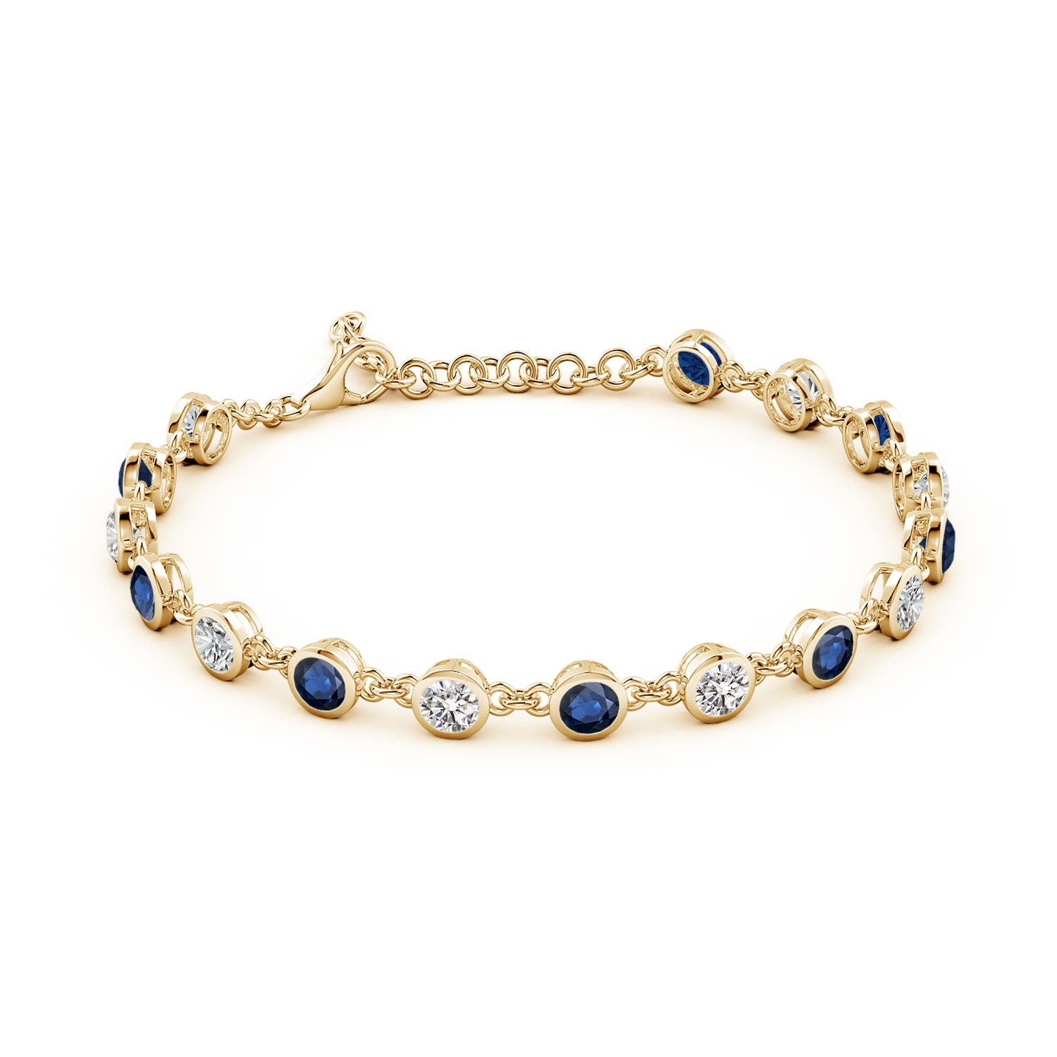 4mm AA Bezel-Set Round Blue Sapphire and Diamond Tennis Bracelet in Yellow Gold - side 2