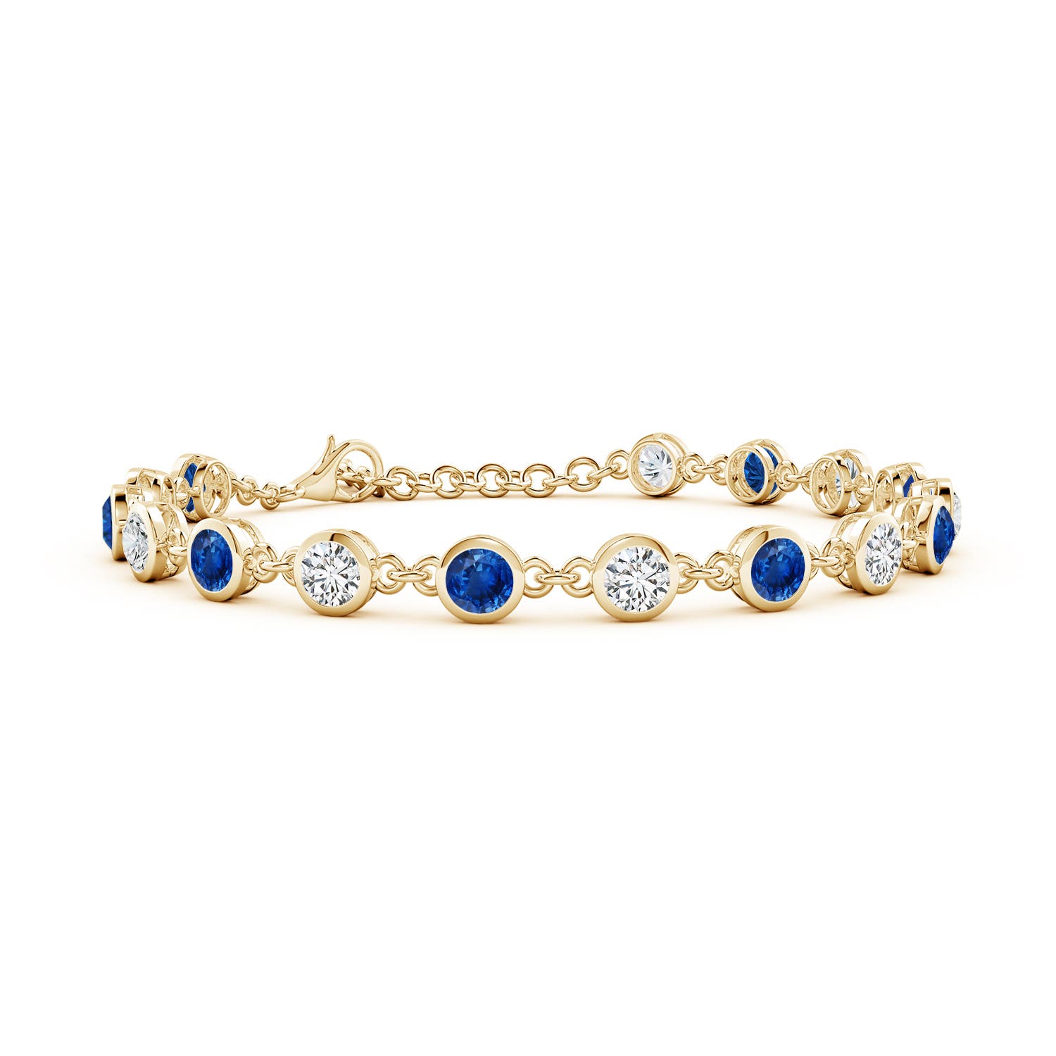 4mm AAA Bezel-Set Round Blue Sapphire and Diamond Tennis Bracelet in 18CT Yellow Gold