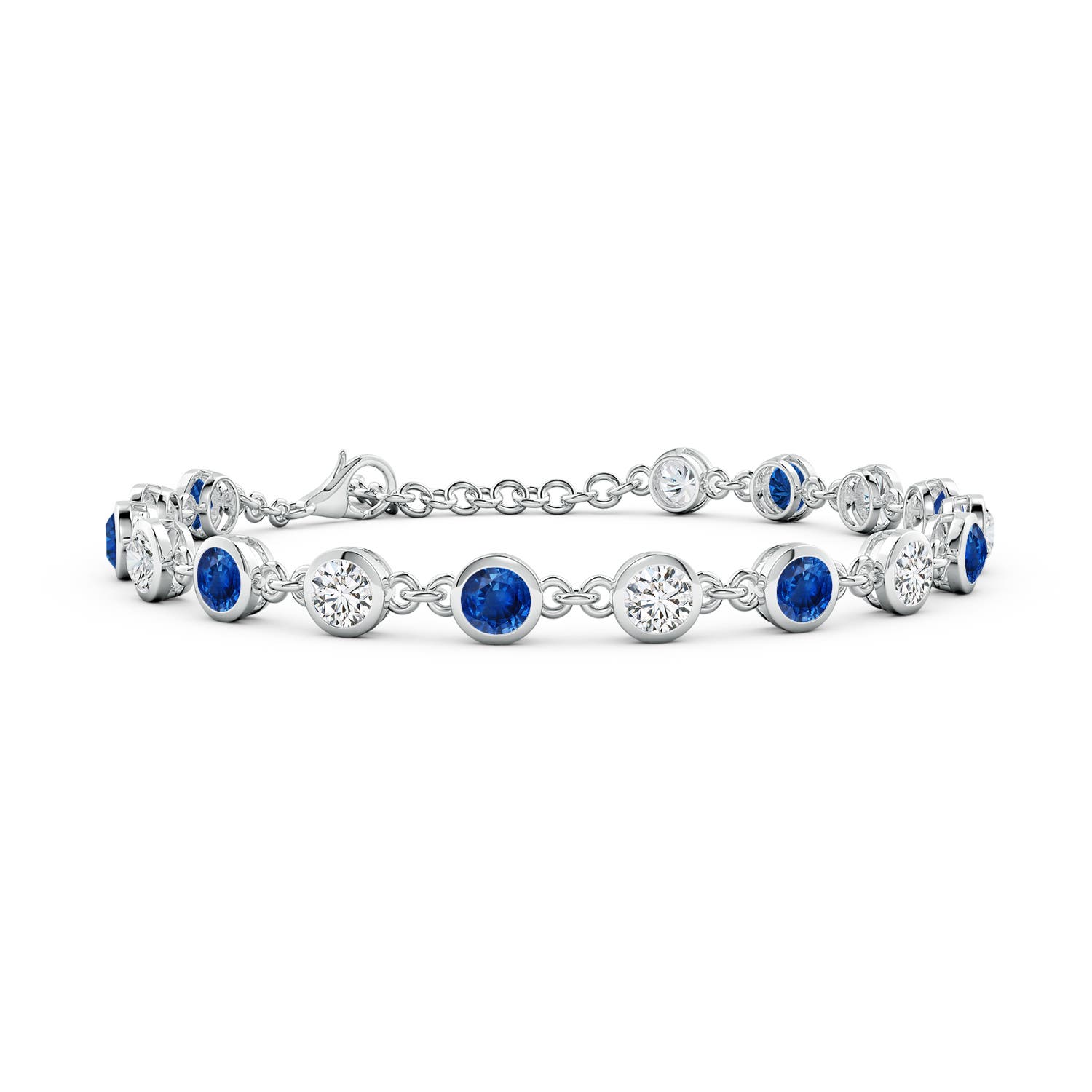 4mm AAA Bezel-Set Round Blue Sapphire and Diamond Tennis Bracelet in White Gold