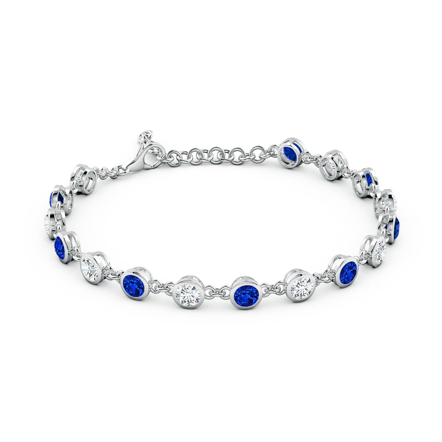 4mm AAAA Bezel-Set Round Blue Sapphire and Diamond Tennis Bracelet in White Gold