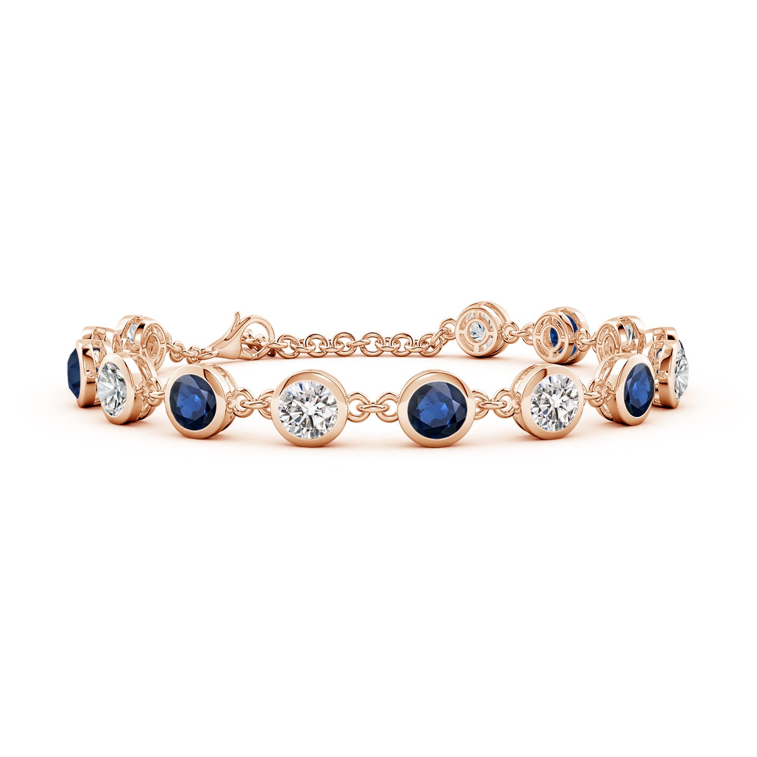5mm AA Bezel-Set Round Blue Sapphire and Diamond Tennis Bracelet in Rose Gold