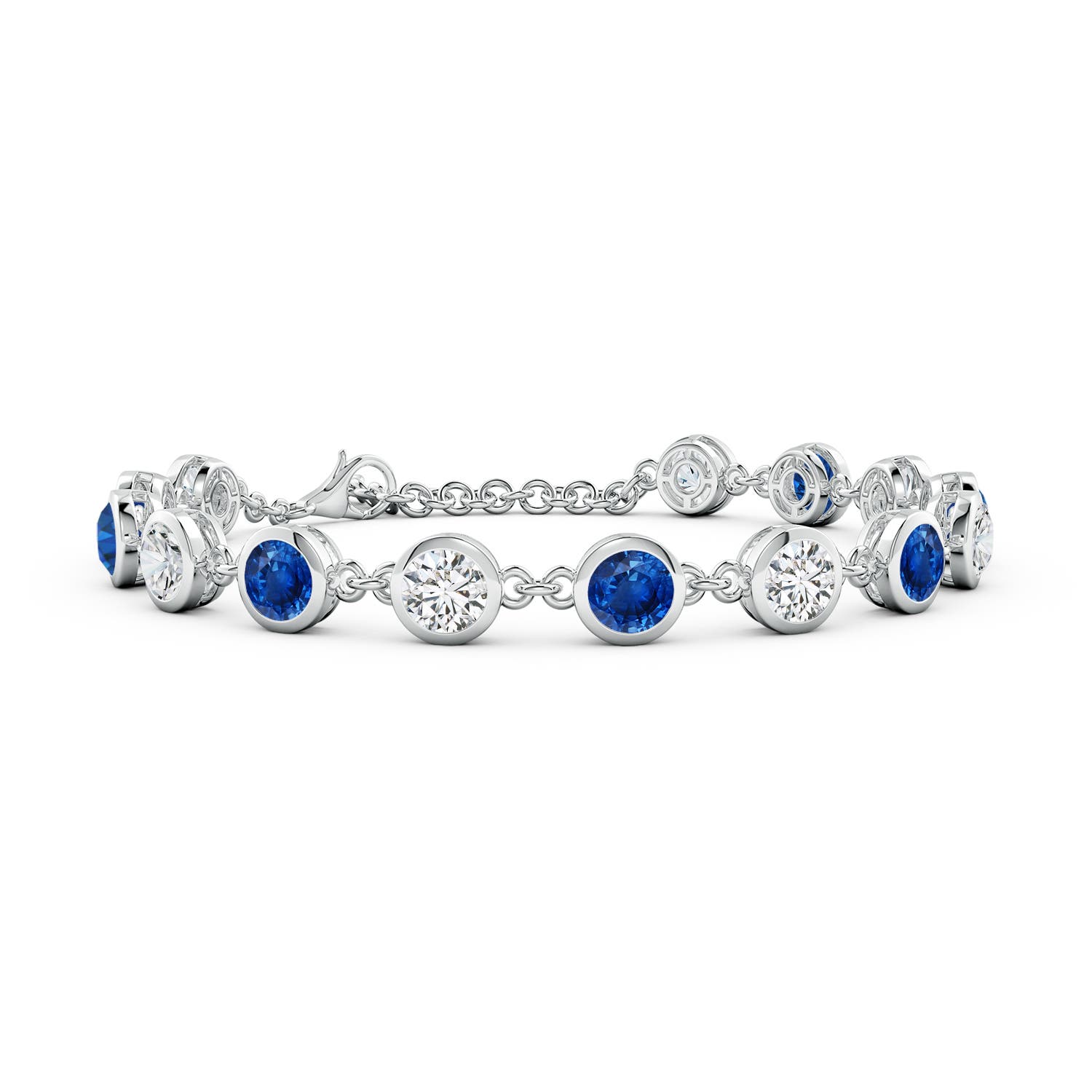 5mm AAA Bezel-Set Round Blue Sapphire and Diamond Tennis Bracelet in White Gold