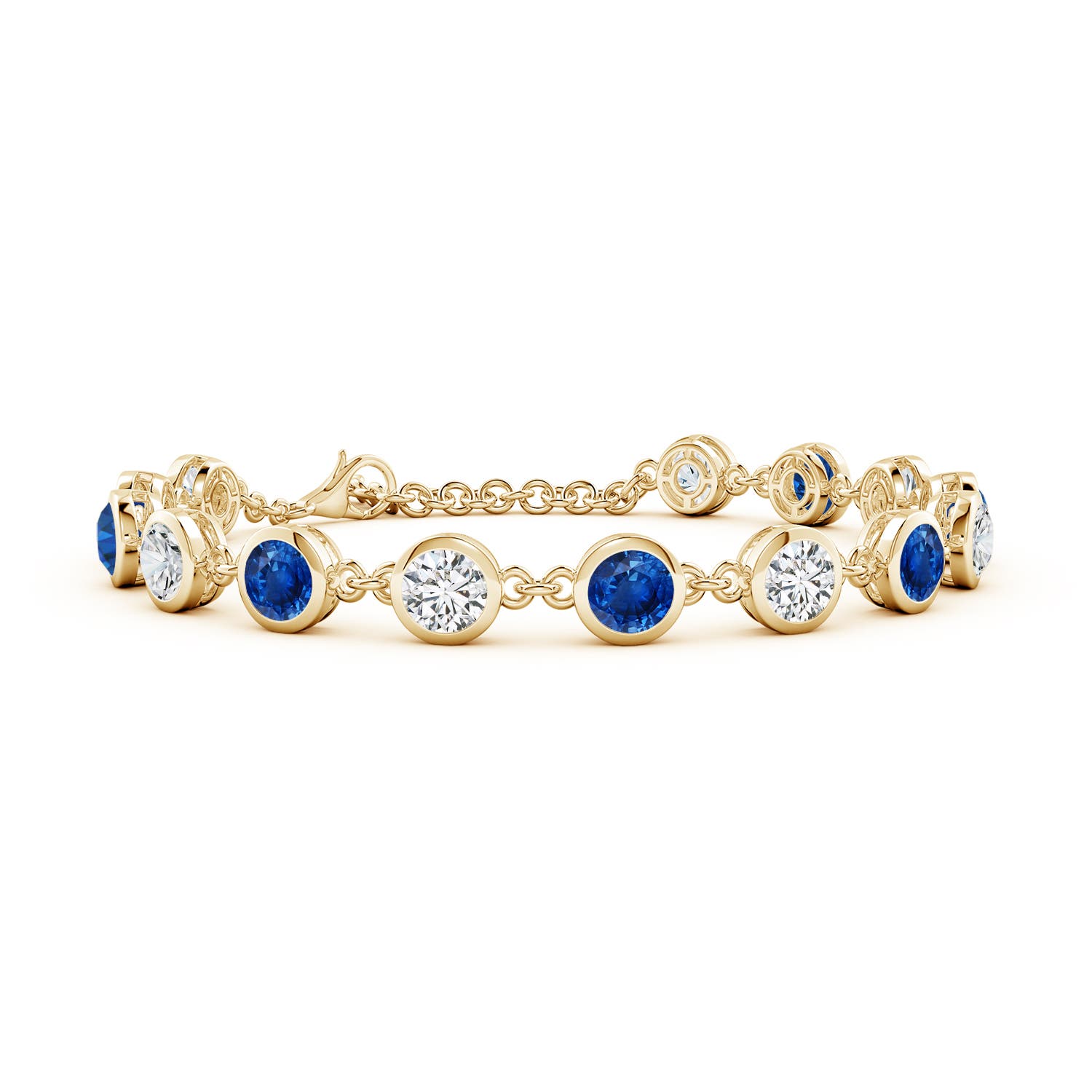 5mm AAA Bezel-Set Round Blue Sapphire and Diamond Tennis Bracelet in Yellow Gold