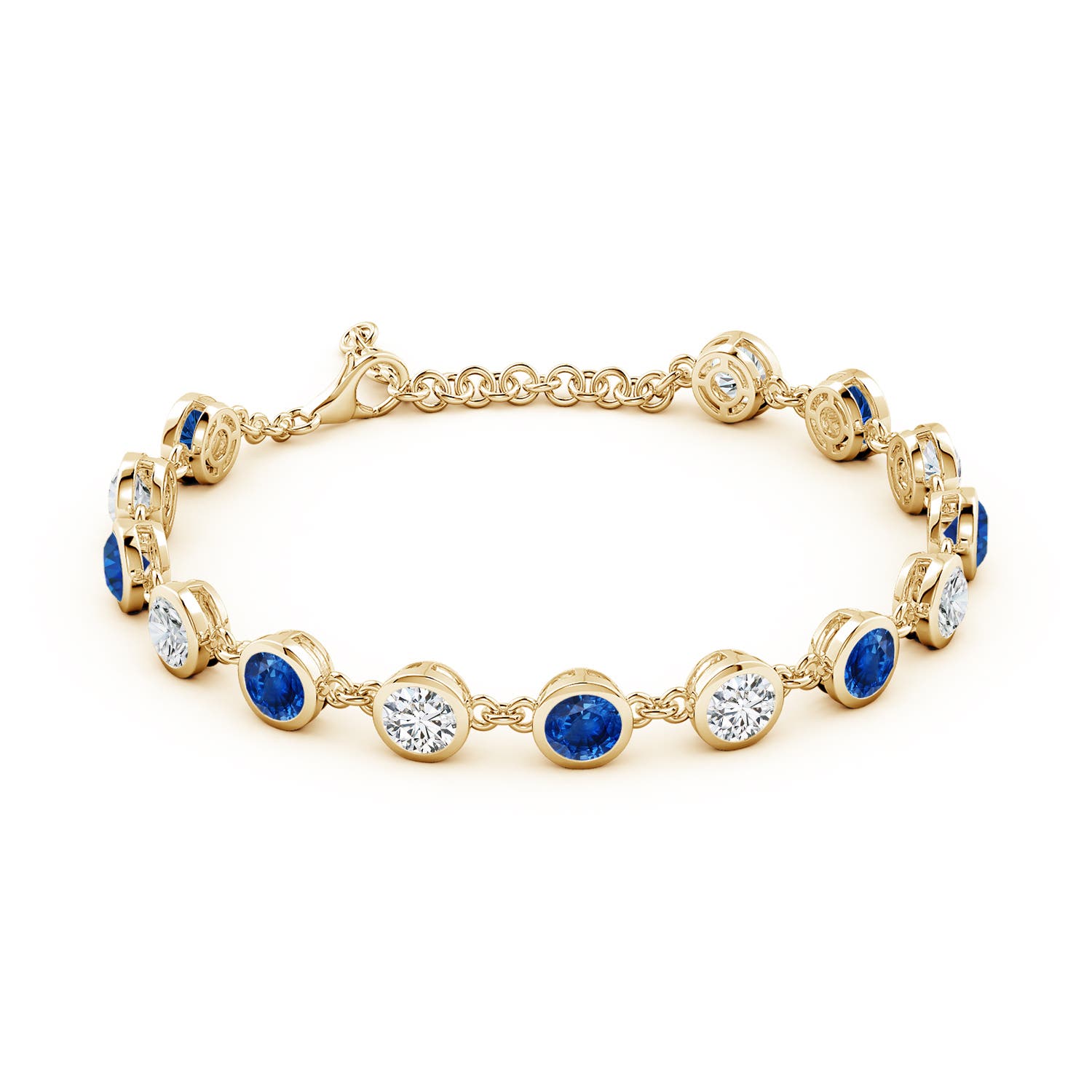 5mm AAA Bezel-Set Round Blue Sapphire and Diamond Tennis Bracelet in Yellow Gold
