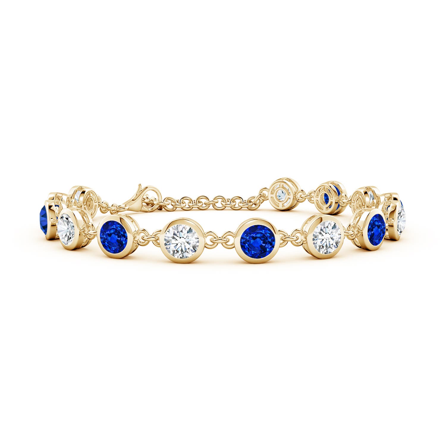5mm AAAA Bezel-Set Round Blue Sapphire and Diamond Tennis Bracelet in Yellow Gold