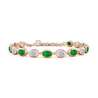 6x4mm AAAA Bezel-Set Oval Emerald and Diamond Tennis Bracelet in 9K Rose Gold