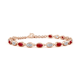 5x3mm AAA Bezel-Set Oval Ruby and Diamond Tennis Bracelet in 18K Rose Gold