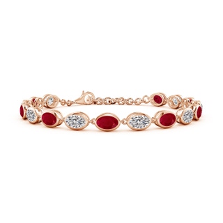 6x4mm AA Bezel-Set Oval Ruby and Diamond Tennis Bracelet in 18K Rose Gold