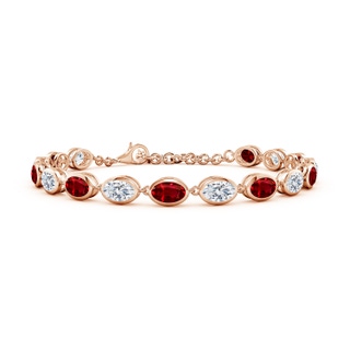 6x4mm AAAA Bezel-Set Oval Ruby and Diamond Tennis Bracelet in 18K Rose Gold