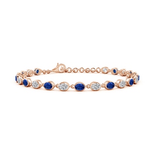 4x3mm AAA Bezel-Set Oval Blue Sapphire and Diamond Tennis Bracelet in 18K Rose Gold