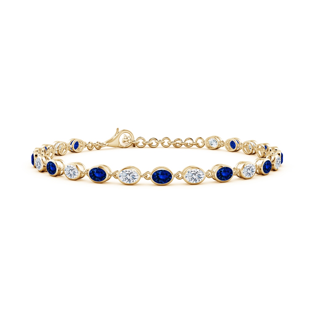 4x3mm Lab-Grown Bezel-Set Oval Blue Sapphire and Diamond Tennis Bracelet in Yellow Gold